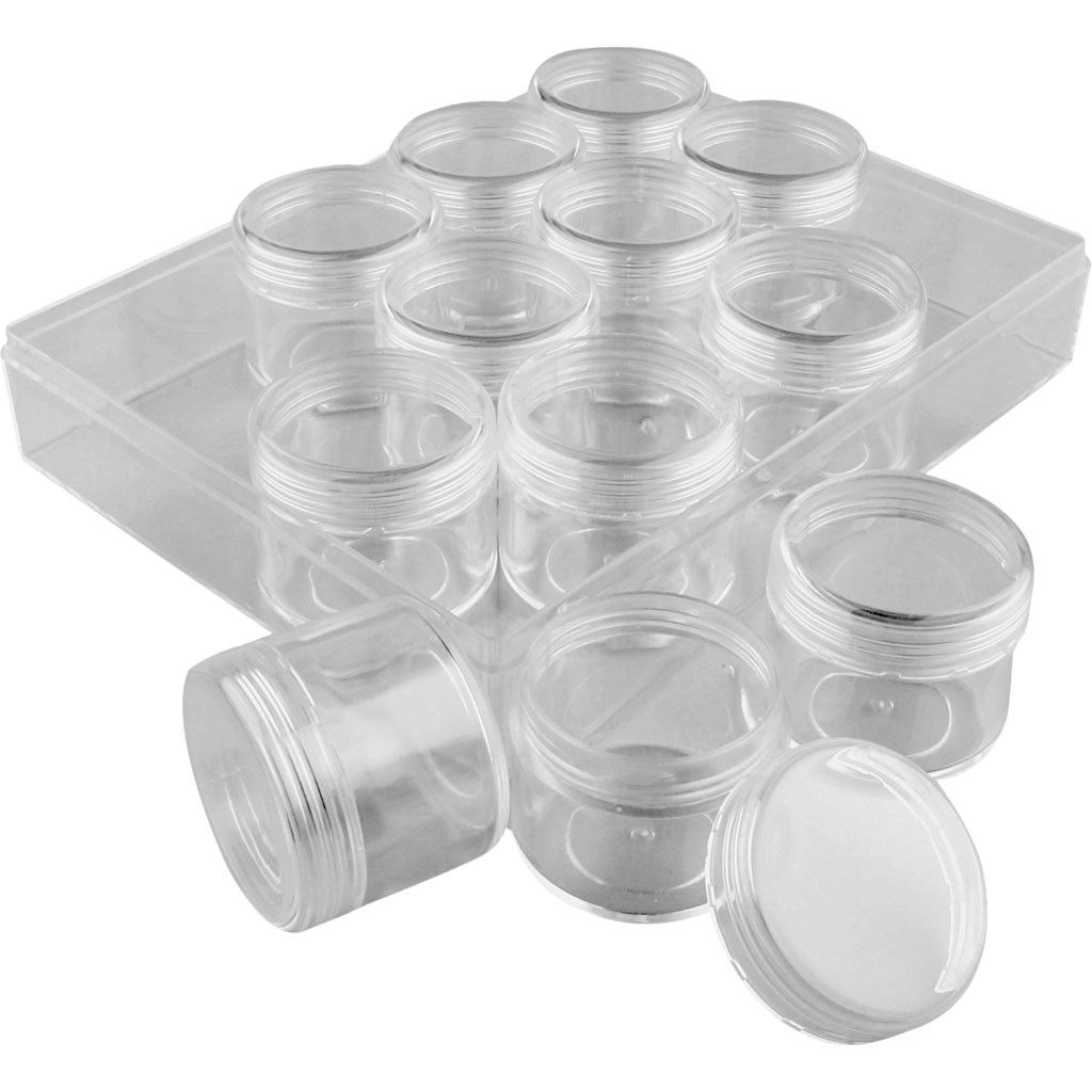 Clear Polystyrene plastic BOX with Lid and 12 STORAGE JARS with Screw